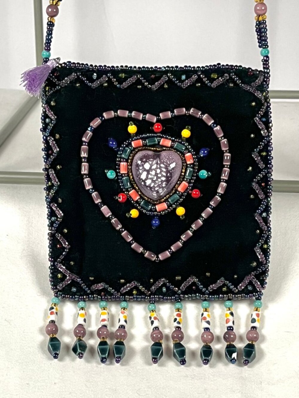 Green Hand Beaded Velvet Heart Mini Bag – Boho Festival Artisan Crossbody